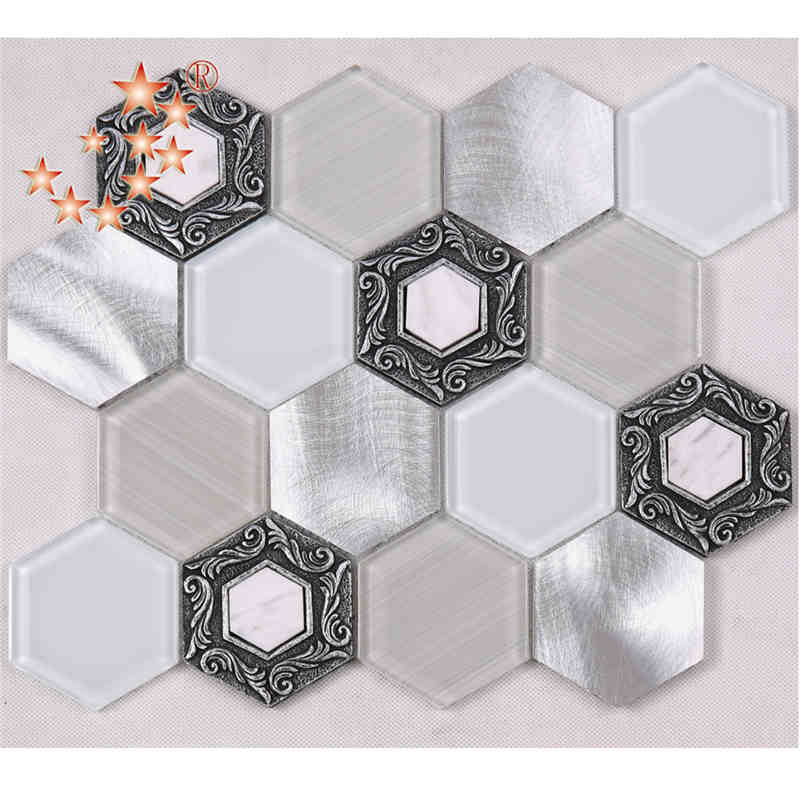 Brushed Alloy Premium Tiles Hexagon Dekorativt vitt glas dekoration vägg mosaik restaurang