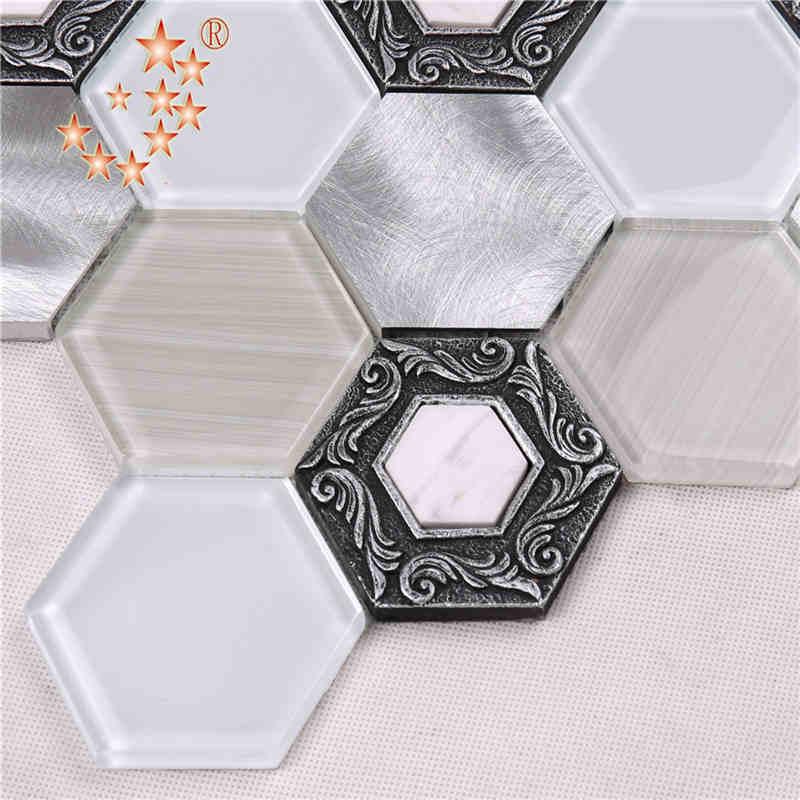 Brushed Alloy Premium Tiles Hexagon Dekorativt vitt glas dekoration vägg mosaik restaurang