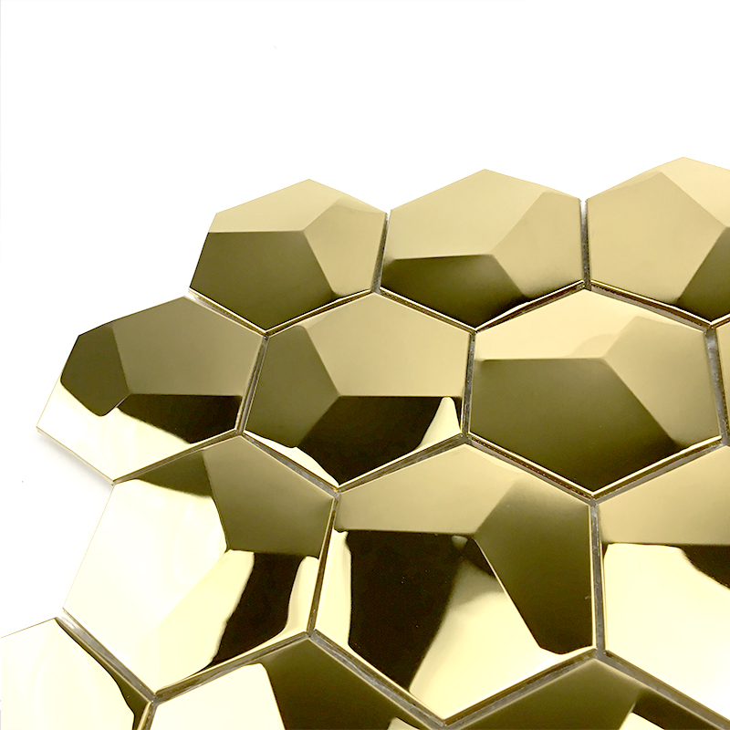 3D-guld-mosaikplattor hexagon spegelplattor metallmosaik för kökstänk / badrumsdekoration