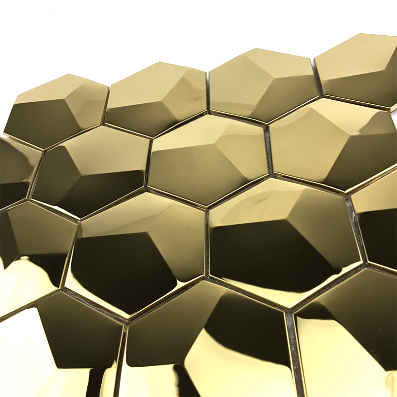 3D-guld-mosaikplattor hexagon spegelplattor metallmosaik för kökstänk / badrumsdekoration