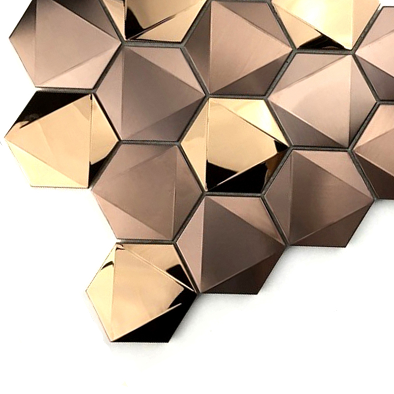 Rose Gold 3D Hexagon 304/316 rostfritt stål kakel mosaik för väggdekoration