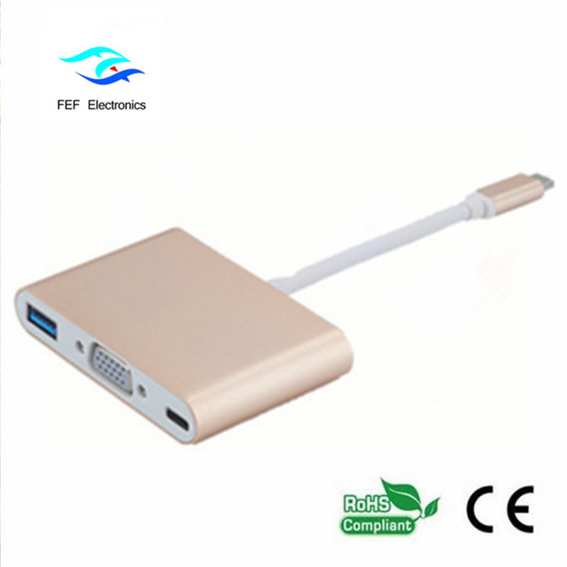 USB TYPE-C till USB3.0 hona + VGA hona + PD tre i en omvandlare ABS-skalkod: FEF - USBIC-007