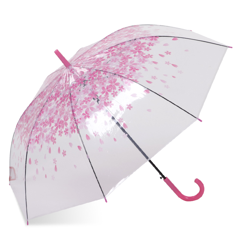rosa sakura 23 '' 8k autoöppnad plast J-handtag genomskinligt rakt paraply