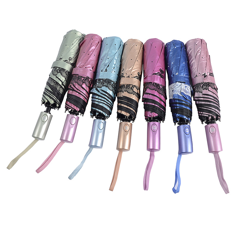 Rosa UV-färgmaterial med tryck på 3-faldigt paraply med full öppen funktion