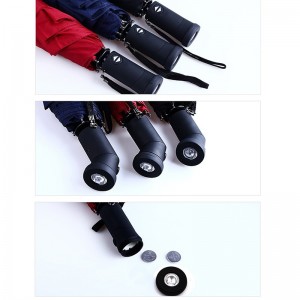 Grossist automatisk facklahandtag 3 vikbart paraply med LED-ljus