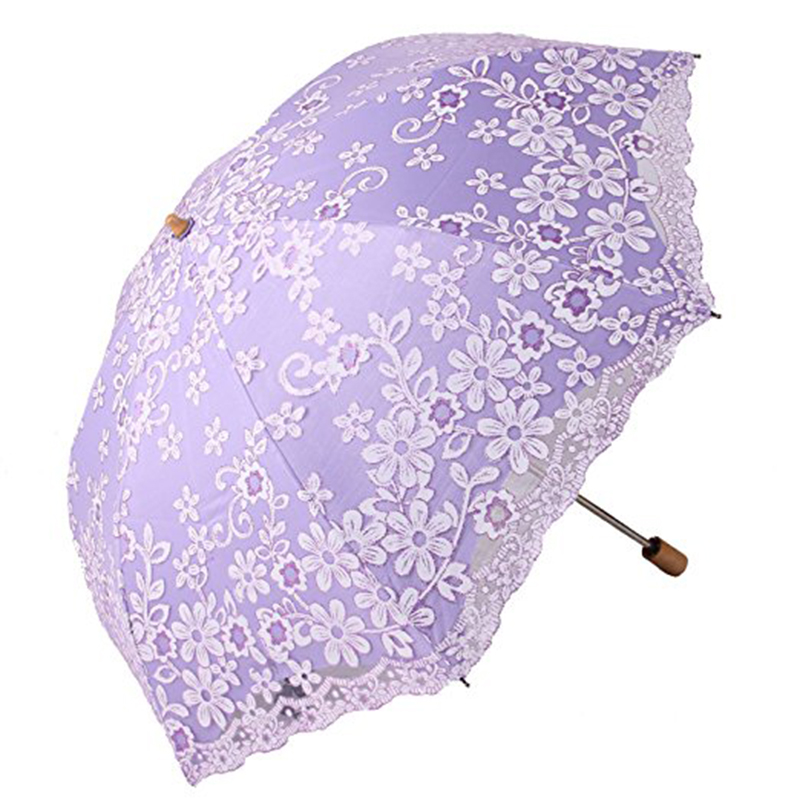 2019 tillverkar parasoller spets paraply 3-fold paraply med trähandtag