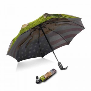 Bärbar marknadsföring vindtät anpassad utskrift 2-delad glasfiberribbor öppnar och stänger 3-faldigt paraply