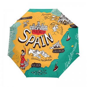 Vindtät specialutskrift Pongee-tyg 2-sektion glasfiber revben automatisk 3 vikbart paraply