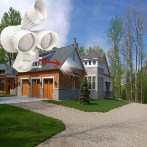 LED utomhusflödessäkerhetslampa med rörelsessensor, 30W, 3 huvud, vit, rörljus