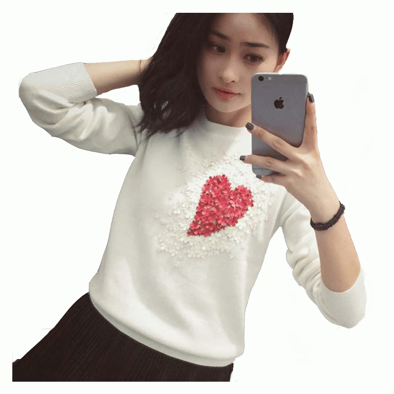 Ladies Heavy Handwork Sequin Appliques Heart Stickad tröja Pullover 2018