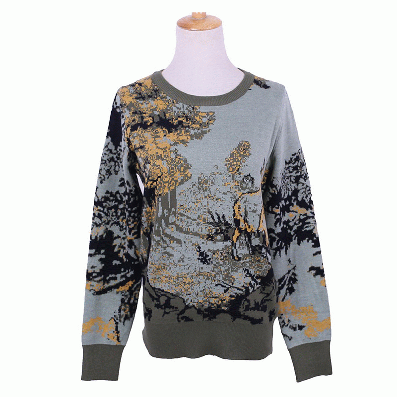 Custom OEM ODM 100% ull Army Green Jacquard Pullover Sweater Ladies