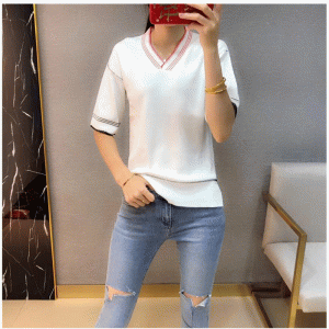 Ladies V Neck Half Sleeve Slash Hem Stickad Tunn Summer Sweater Pullover