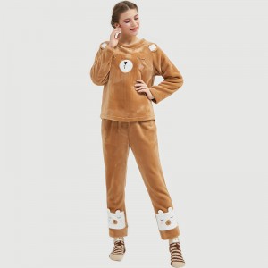 Women Flannel Fleece Animal Broderi Bear Pyjamas Set