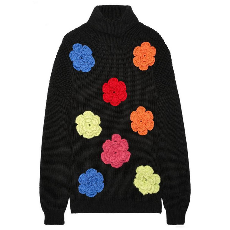 Woolen Turtleneck Handmade Flower Women Sweater Winter Pullover Sweaters