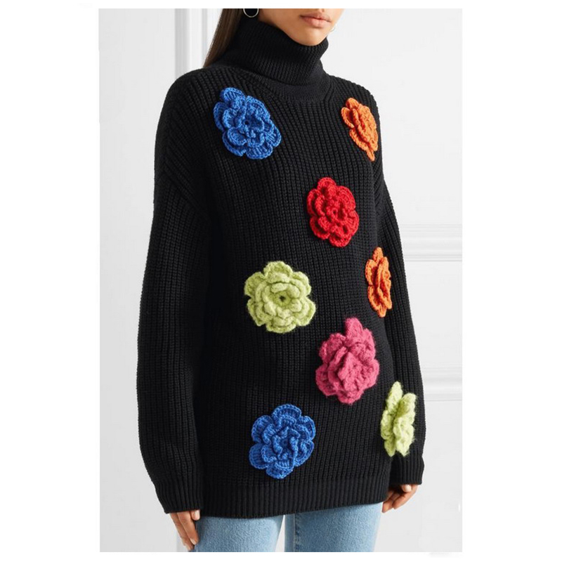 Woolen Turtleneck Handmade Flower Women Sweater Winter Pullover Sweaters