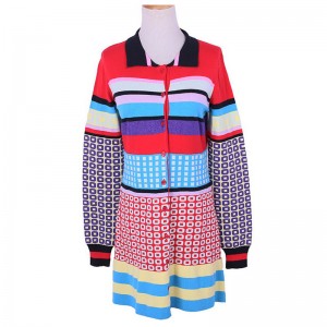 2018 Spring Fall Geometry Grid Striped Ladies Knit Cardigan Dress