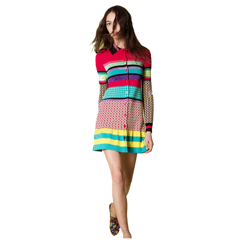 2018 Spring Fall Geometry Grid Striped Ladies Knit Cardigan Dress