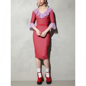 Skräddarsydd Sommar Kort Flare Sleeve Lace Braids Ladies Pencil Sweater Knit Dress