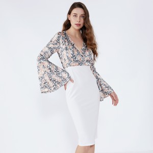Vit Blomskede Fluted Sleeve Formell Bodycon Klänning 2019 Damkläder