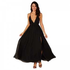 Högkvalitativ Deep V Black Evening Maxi Klänning Chiffon Sexiga Eleganta Klänningar