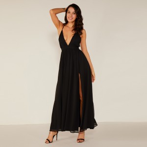 Högkvalitativ Deep V Black Evening Maxi Klänning Chiffon Sexiga Eleganta Klänningar