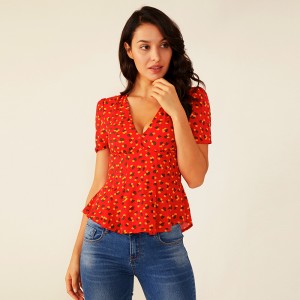 Kvinnor Deep V Summer Red Ruffle Floral Pleated Print Blouse