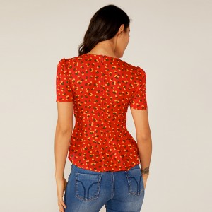 Kvinnor Deep V Summer Red Ruffle Floral Pleated Print Blouse