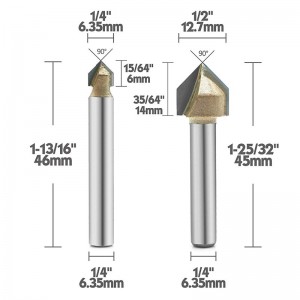 90-graders V-spårvägsbit, titanbelagd karbid-tippad 2-flöjts CNC-gravyrbit Träbearbetning Avfasningsskär, 1/4-tums skaft
