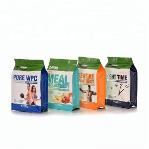 Tillverkare 1 kg Flat botten proteintillskott påse påse med klart fönster fyrkantig botten påse låda påse med dragkedja topp