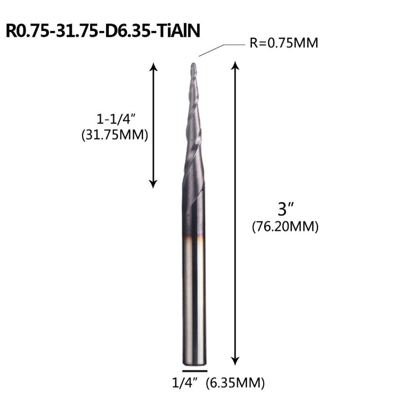 Avsmalnande kula Nosändkvarn 1/4 X 3 tum med 0,75 mm kulnäs 4,36 grader för CNC-maskin gravering Carving Bits