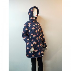 LADIES NAVY FLOWER PRINT PUFFER COAT RLWPC0003