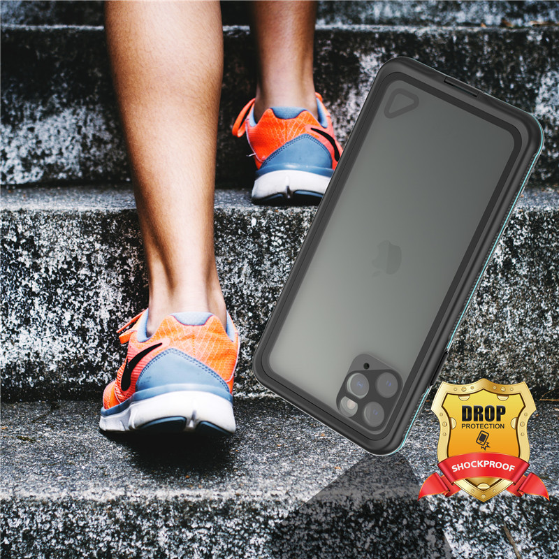 Bästa vattentäta iPhone 11 pro max fall iphone-säker låda med iphone (blå) med genomskinligt ryggskydd