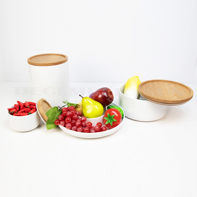 Partihandel med keramik med kökstillbehör till lock av trä