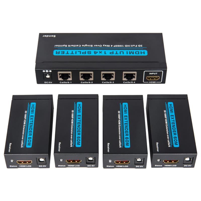 4 portar HDMI UTP 1x4 splitter över singel Cat5e / 6 med 4 mottagare upp till 60 meter