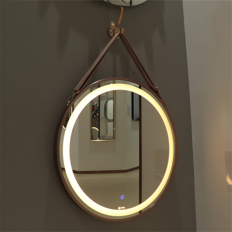Salon Dekorativ Aluminium Ramad Round Mirror med PU Strap