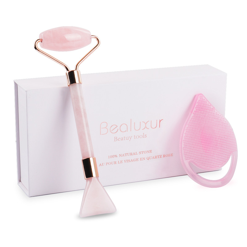 Jade Roller, 100% Rose Quartz Roller & Screp Plate & Mask Brush and Face Cleaning Brush 4 Functional Face Massager for Face Eye Neck Body