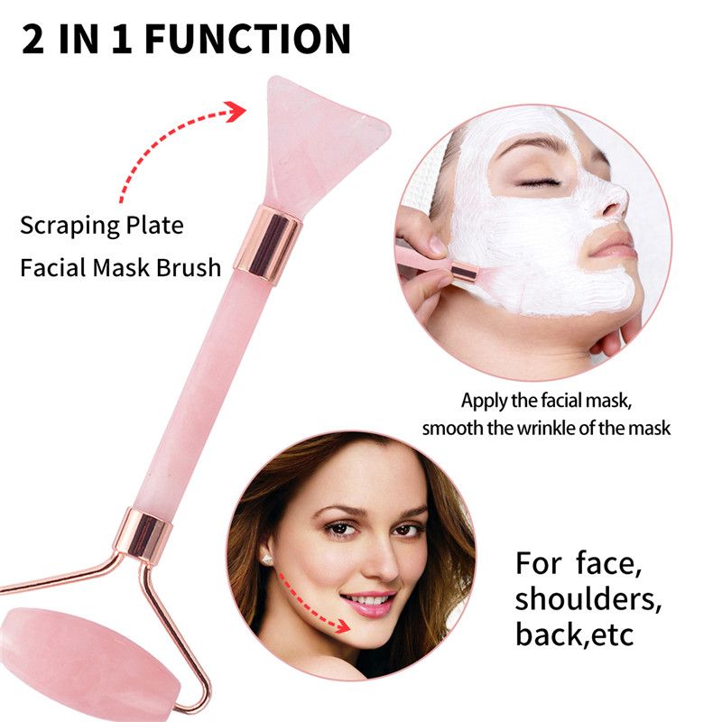 Jade Roller, 100% Rose Quartz Roller & Screp Plate & Mask Brush and Face Cleaning Brush 4 Functional Face Massager for Face Eye Neck Body