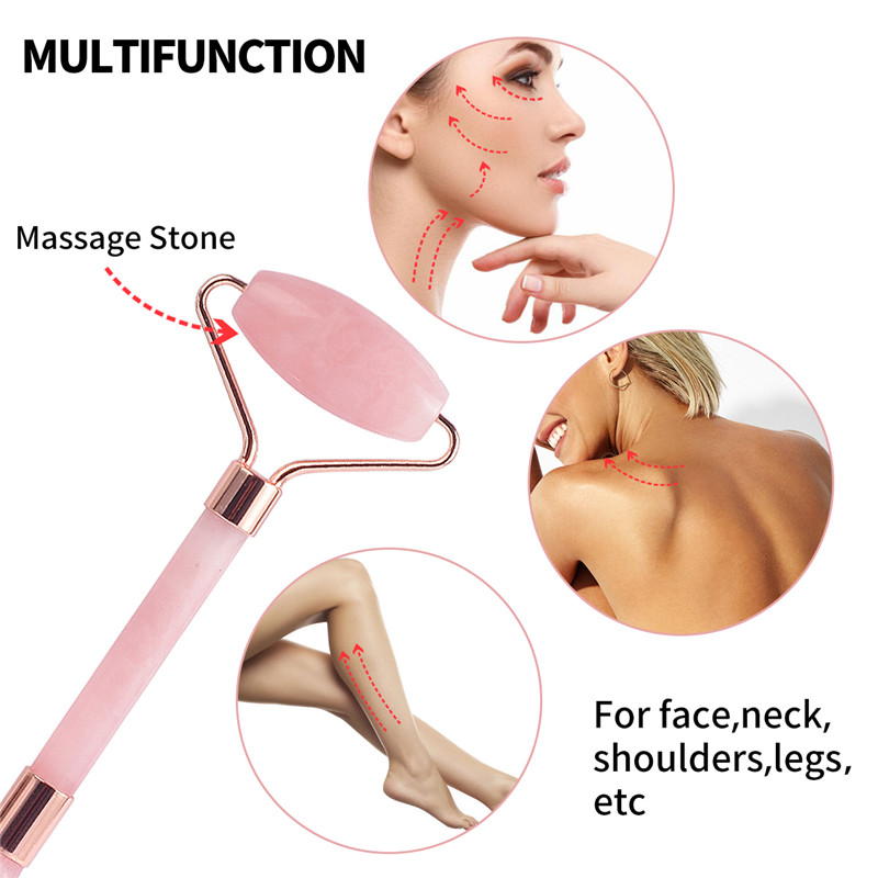 Jade Roller, 100% Rose Quartz Roller & Screp Plate & Mask Brush and Face Cleaning Brush 4 Functional Face Massager for Face Eye Neck Body