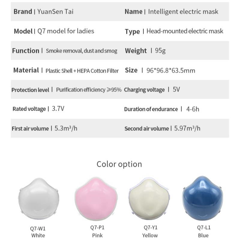 Q7 smart elektrisk kn95-mask för vuxna anti-dis PM2.5 covid virus-dammaktivt kol HEPA-filter
