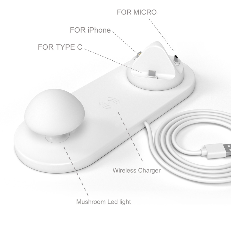 3 i 1 Trådlös laddning bas svampform kranlampa USB USB-lampa för flera portar svamp natt - vit