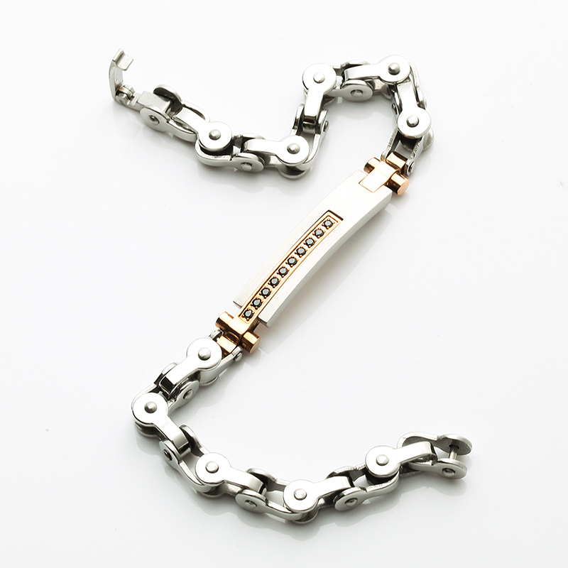 Två ton 18K rosa guldplätering rostfritt stålarmband CNC CZ sten mode armband