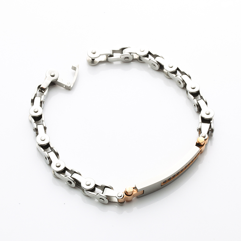 Två ton 18K rosa guldplätering rostfritt stålarmband CNC CZ sten mode armband