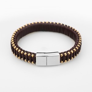Brunt stålband med flera lager Brade Leather Bracelet med Magnetisk klassning