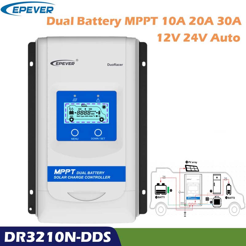 EPEVER DUORACER MPPT 10A 20A 30A Solar Laddare och Discharger Controller 12V 24V Auto Dual Battery Regulator för RV Camper Båt