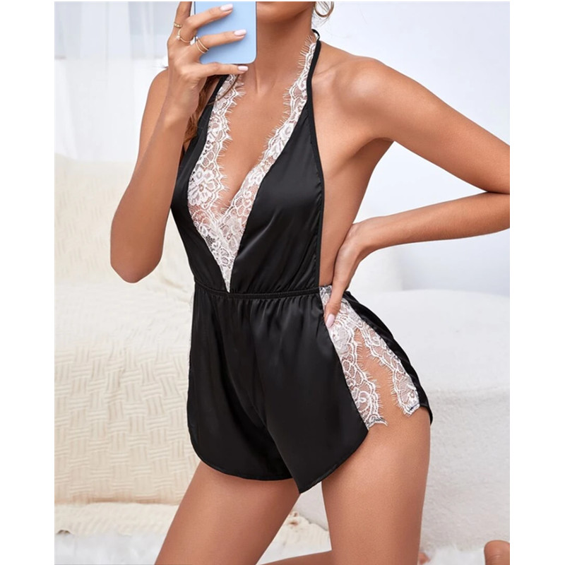 Kvinnor Sexig Underkläder Sheer See-Through Mesh Sexig Lace Pajamas Nightdress Uniform Temptation Nightgown