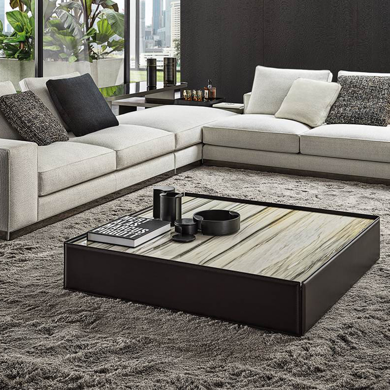 Italiensk minimalistisk designcenter slutbord låg höjd modern marmor topp torget läder soffbord för vardagsrum