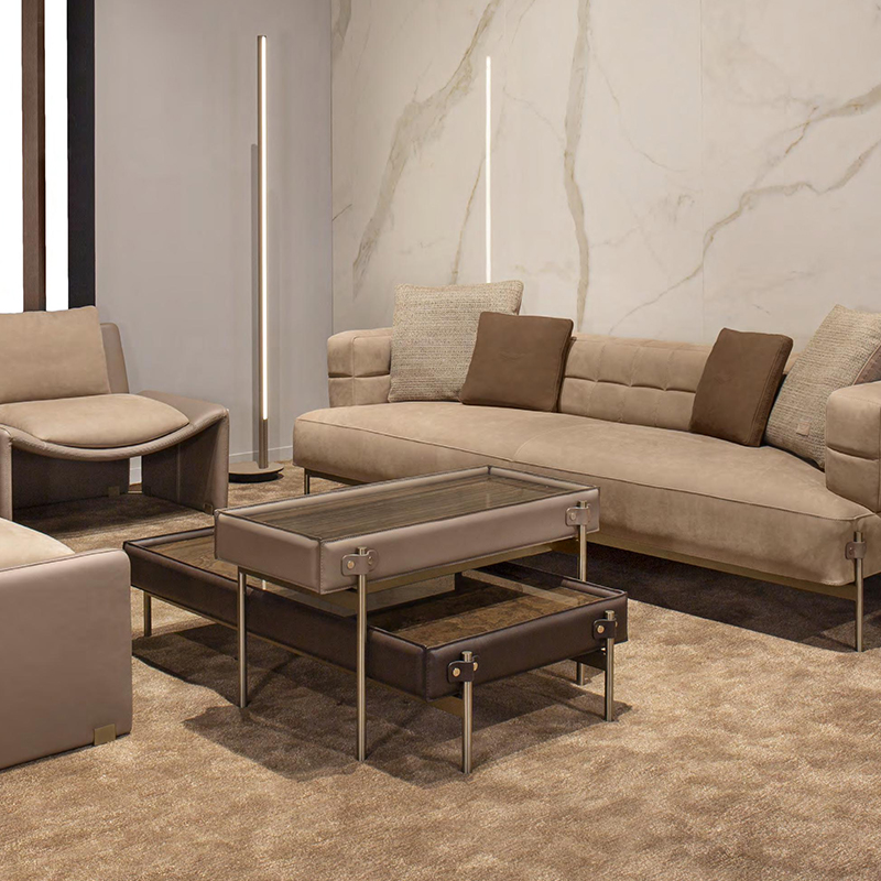 Italiensk minimalistisk kombinationnesting design rostfritt stål ben rektangelnaturliga trä ändbord läder soffbord set