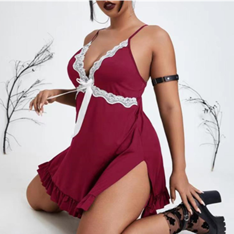 Kvinnor Sexignattklänning Nattklänning Frilled Slip Sleepwear Wine Sexig Nighties strumpeband underkläder