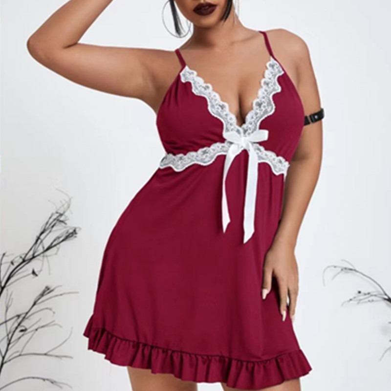 Kvinnor Sexignattklänning Nattklänning Frilled Slip Sleepwear Wine Sexig Nighties strumpeband underkläder