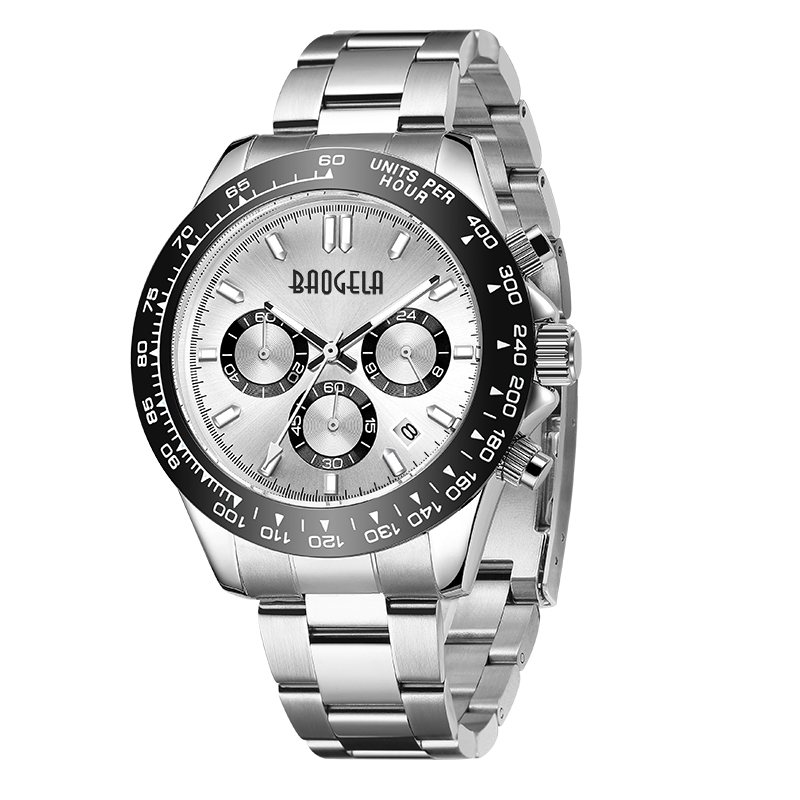 Baogela Men tittar på Top Brand Luxury Sports Quartz Watches rostfritt stål remvattentät kronograf armbandsur 2210 svart vit